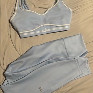 ALO Yoga Pale Blue Sports Bra and Leggings with Cream Trim